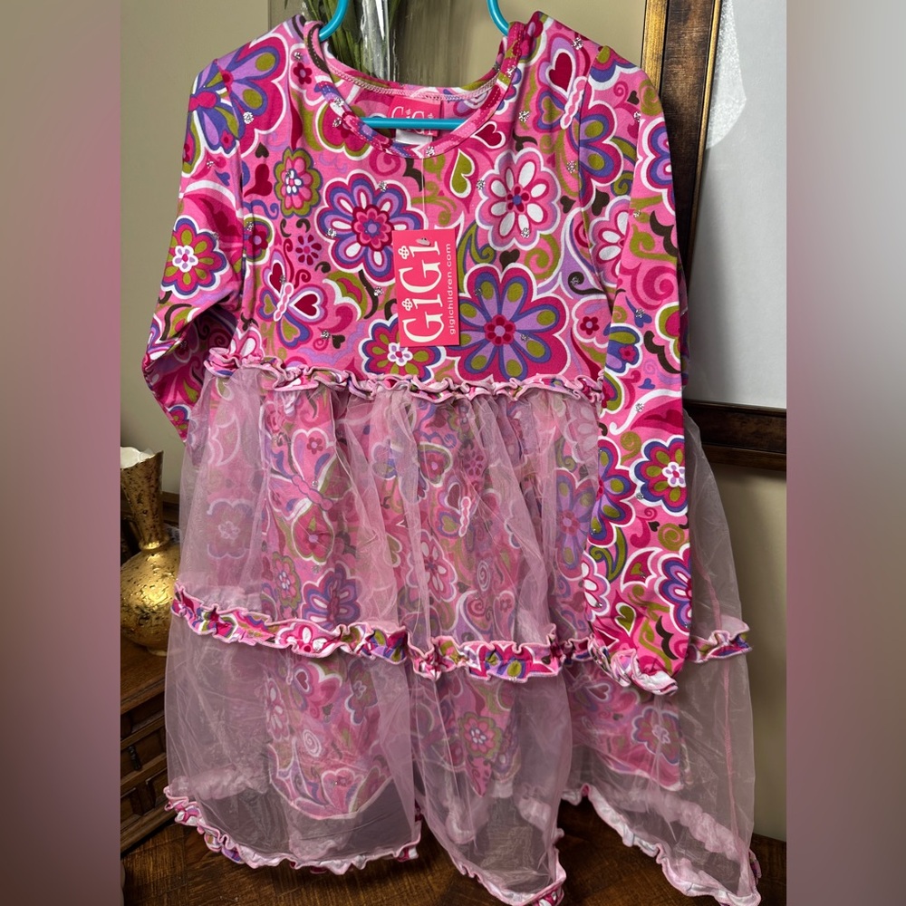 NWT GiGi Size 5 Girls Boutique Dress, Flowers‎ Butterflies, Overlay